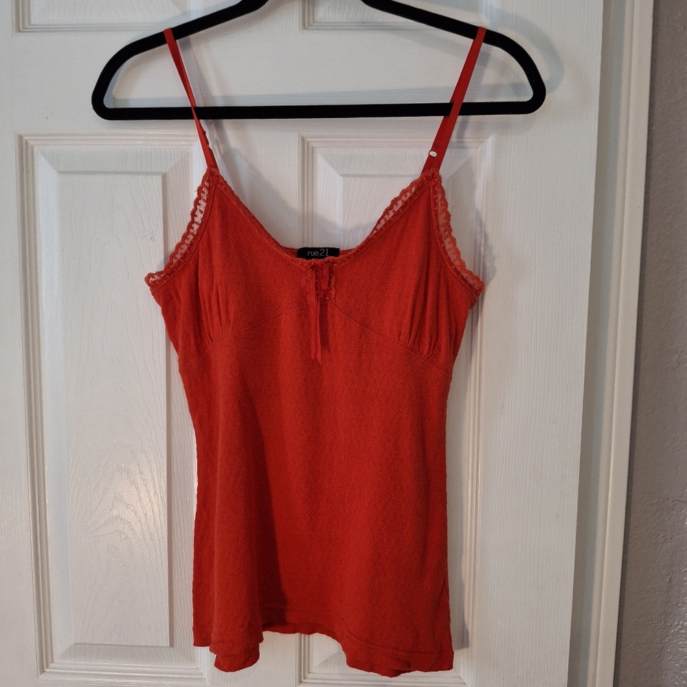 Vintage Rue 21 Sz L Lace Trim Babydoll Cami Tank Top Red Slim Fit Y2K Fairy Bow